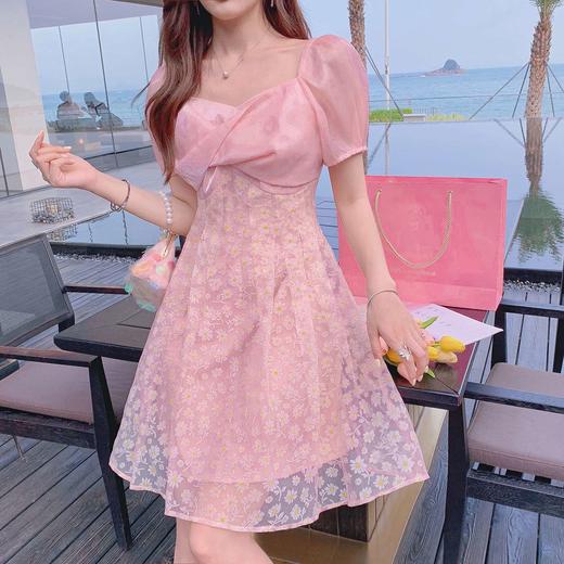 张心子「邂逅小邹菊」粉色公主裙2021新款夏碎花欧根纱连衣裙女仙DY041702 商品图3