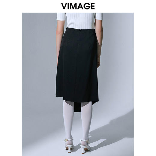 VIMAGE纬漫纪舒适显瘦黑色修身开叉半身裙中长款不规则半裙V1506106 商品图3