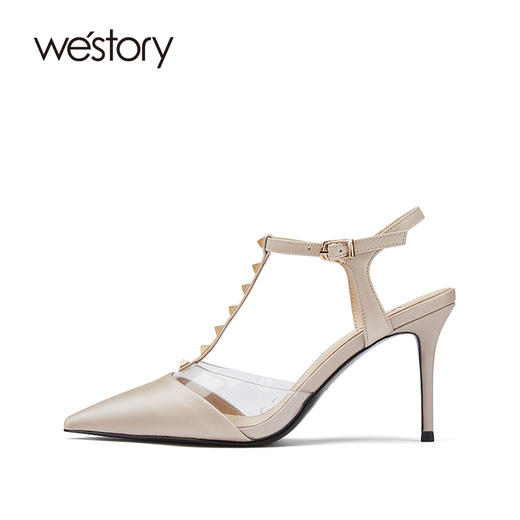 westory女鞋2021夏季新款真皮尖头高跟细跟一字带凉鞋W21AH53571 商品图1
