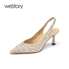 westory女鞋2021夏季新款漆皮尖头高跟鞋细跟后空凉鞋S21AH53471