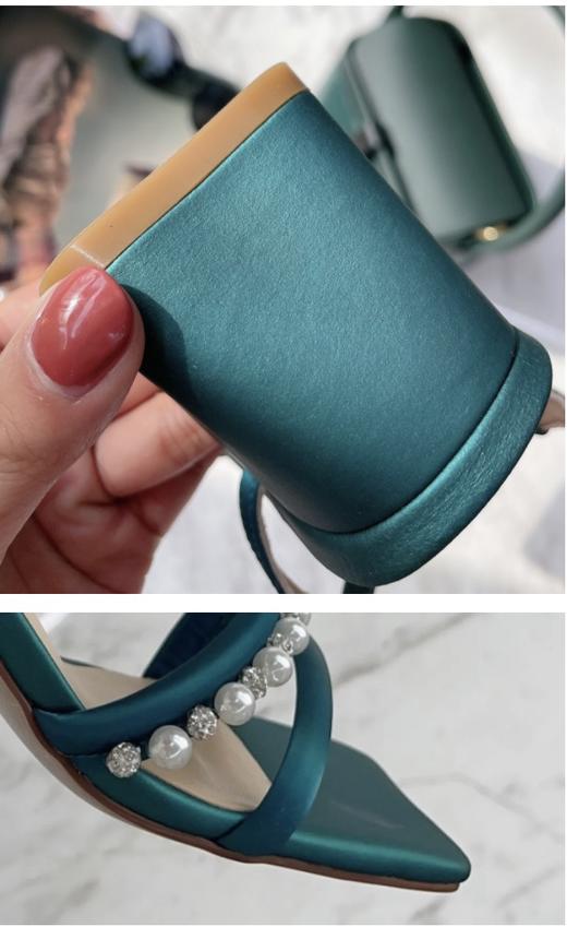 【断码特惠不退换】花花品质生活-花痴力荐｜yi线品牌代工厂定制款 -孔雀蓝丝绸牛皮一字珍珠凉鞋 商品图2