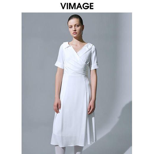 VIMAGE纬漫纪V领雪纺收腰长裙高腰中长款连衣裙V1507164 商品图1