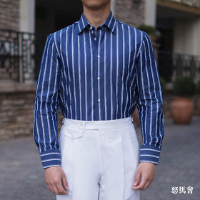 Flamenco 140支双股埃及棉蓝色宽条纹意式工艺衬衫