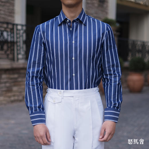 Flamenco 140支双股埃及棉蓝色宽条纹意式工艺衬衫 商品图0