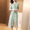 SS-20537法式绿色碎花真丝双绉连衣裙2021年夏季新款显瘦桑蚕丝印花长裙女 商品缩略图3