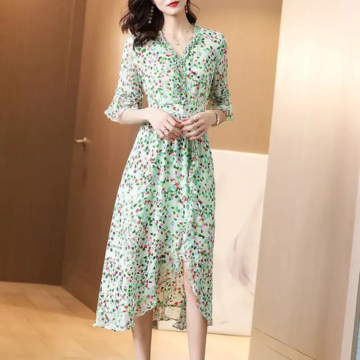 SS-20537法式绿色碎花真丝双绉连衣裙2021年夏季新款显瘦桑蚕丝印花长裙女 商品图3
