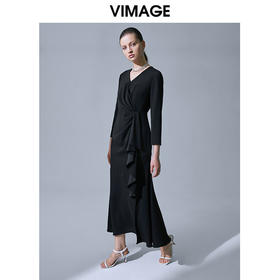 VIMAGE纬漫纪V领设计感小众收腰气质裙子连衣裙V1507111