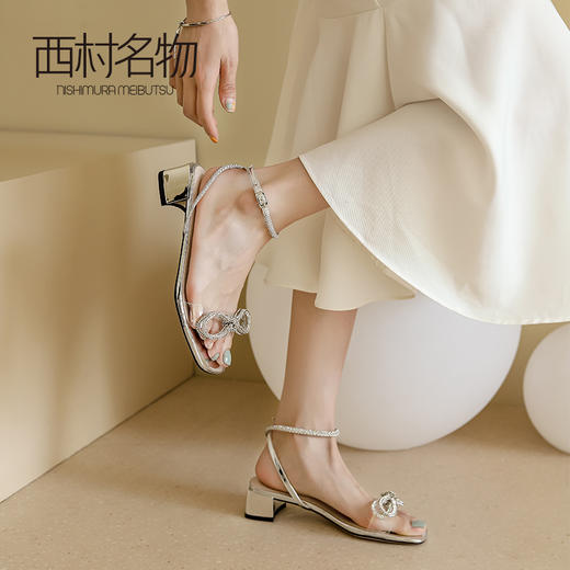 miuo西村名物2021夏新款一字带高跟粗跟凉鞋蝴蝶结仙女鞋小众设计T21BG23891 商品图1