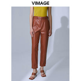 VIMAGE纬漫纪高腰显瘦九分皮裤休闲裤裤子V1505101