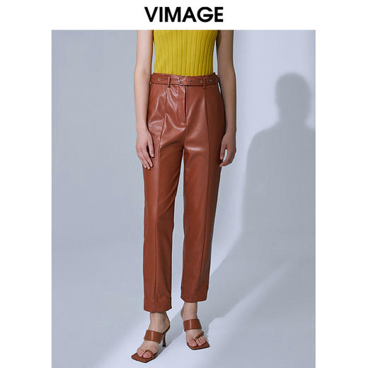 VIMAGE纬漫纪高腰显瘦九分皮裤休闲裤裤子V1505101 商品图0