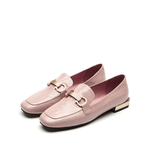 westory女鞋2021夏季新款圆头牛皮面压纹彩色舒适软底低跟乐福鞋女S21AM53451 商品图4