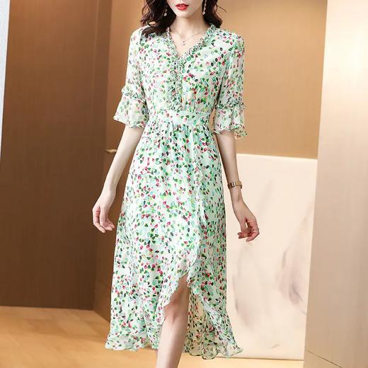 SS-20537法式绿色碎花真丝双绉连衣裙2021年夏季新款显瘦桑蚕丝印花长裙女 商品图0