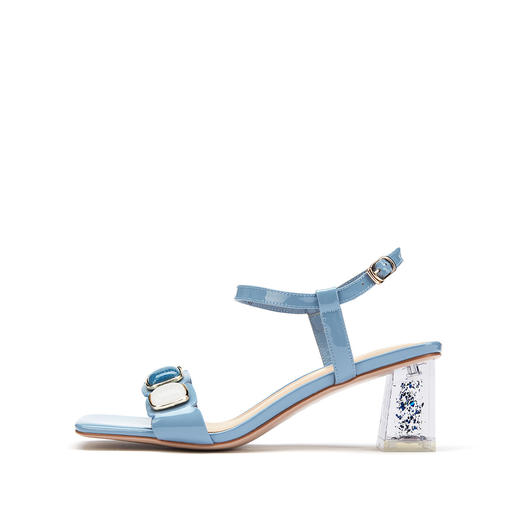 westory女鞋2021夏季新款一字带简约饰扣舒适水晶粗跟中低跟凉鞋女夏S21BG60691 商品图1