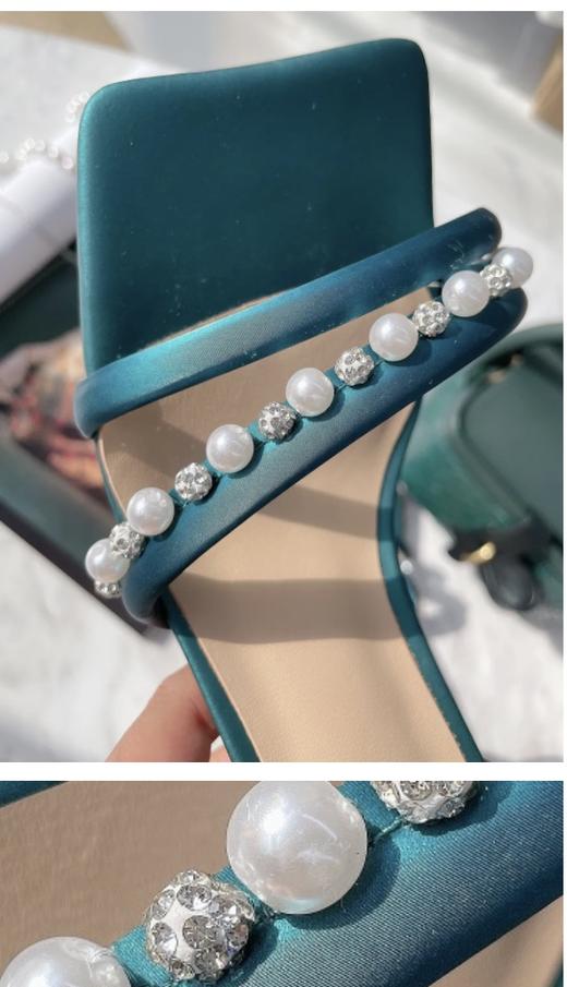 【断码特惠不退换】花花品质生活-花痴力荐｜yi线品牌代工厂定制款 -孔雀蓝丝绸牛皮一字珍珠凉鞋 商品图4