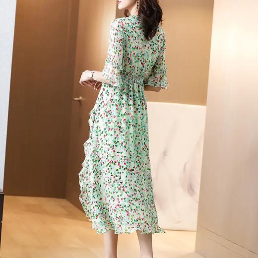 SS-20537法式绿色碎花真丝双绉连衣裙2021年夏季新款显瘦桑蚕丝印花长裙女 商品图4