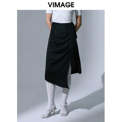 VIMAGE纬漫纪舒适显瘦黑色修身开叉半身裙中长款不规则半裙V1506106 商品图1