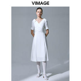 VIMAGE纬漫纪V领雪纺收腰长裙高腰中长款连衣裙V1507164