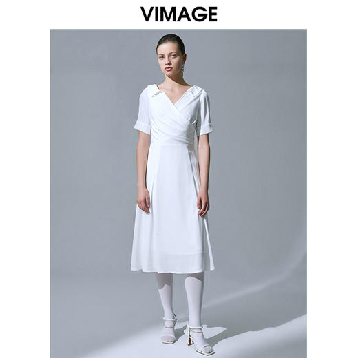 VIMAGE纬漫纪V领雪纺收腰长裙高腰中长款连衣裙V1507164 商品图2