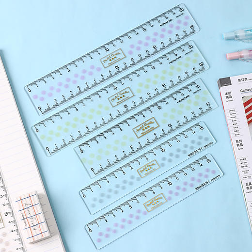 日本KOKUYO国誉15cm亚克力直尺创意文具淡彩曲奇尺子透明波点双刻度准确测量波浪曲线款直尺数学画图文具 商品图1