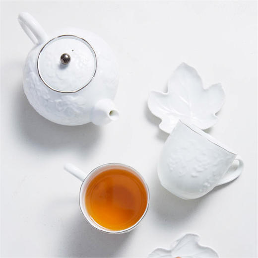 【AITO】日本原产AITO桂由美浮雕美浓烧陶瓷茶壶茶杯葡萄刻花5件 商品图0