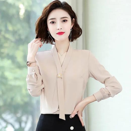 QB8092 洋气雪纺衬衣女长袖2021春季新款时尚气质小衫设计感撞色飘带衬衫 商品图2