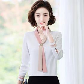 QB8092 洋气雪纺衬衣女长袖2021春季新款时尚气质小衫设计感撞色飘带衬衫