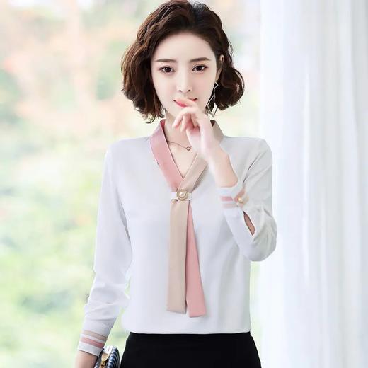 QB8092 洋气雪纺衬衣女长袖2021春季新款时尚气质小衫设计感撞色飘带衬衫 商品图0