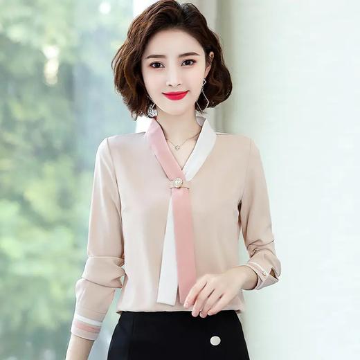 QB8092 洋气雪纺衬衣女长袖2021春季新款时尚气质小衫设计感撞色飘带衬衫 商品图1