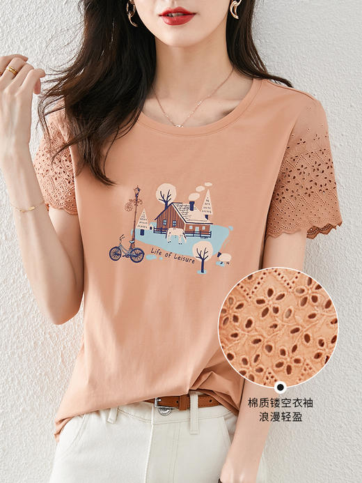 【专属特价】熙世界文艺童话风蕾丝袖t恤女活力25春夏款显瘦90%棉短袖上衣T 商品图2