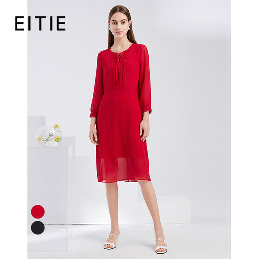 EITIE爱特爱夏季新款时尚透视网纱圆领系带显瘦A字雪纺连衣裙6207933 商品图0