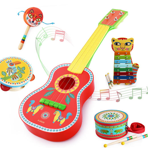 djeco曼波音乐系列尤克里里，猫铁琴，变色龙小鼓，摇铃，拨浪鼓 商品图0