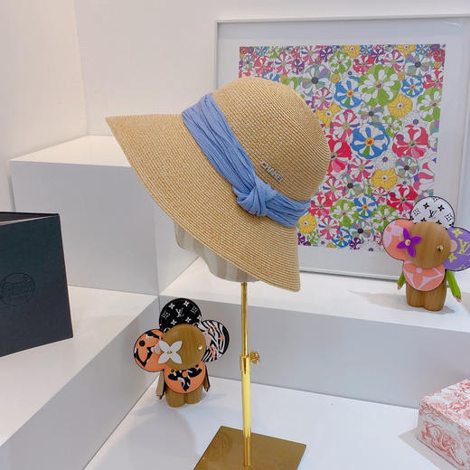 Ch@nel小香夏季新款细辫平顶礼帽-蓝色 商品图0