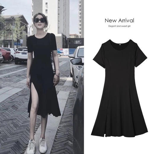 【2021夏季清爽、性感显气质！】新款短袖黑色开叉长裙显瘦小心机纯棉连衣裙女 商品图4