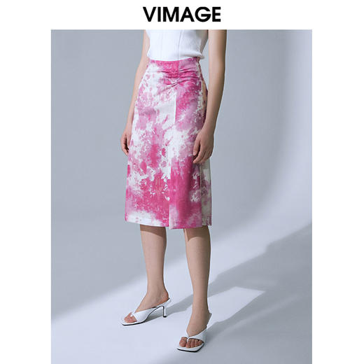 VIMAGE纬漫纪时尚复古油墨印花包臀开叉中长款半身裙女裙V1506121 商品图1