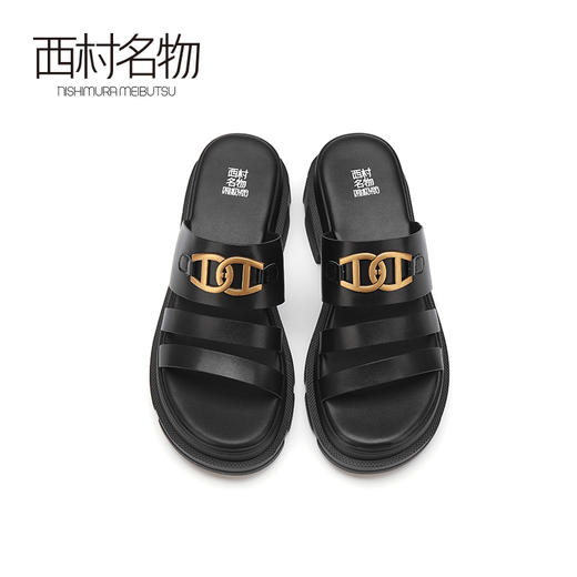 西村名物真皮女鞋21夏露趾一字带凉拖鞋防水台松糕鞋沙滩鞋23851 商品图3