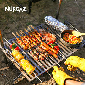 NURGAZ「户外露营双棍铸铁烧烤架」木柴烧烤炉 BBQ便携分体式烧烤架 配手拎袋