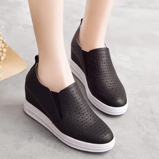 头层牛皮圆头低帮坡跟内增高厚底小白鞋 商品图2