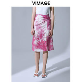 VIMAGE纬漫纪时尚复古油墨印花包臀开叉中长款半身裙女裙V1506121