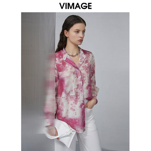 VIMAGE纬漫纪春夏款水墨画印花修身长袖衬衫衬衣上衣女V1509121 商品图2