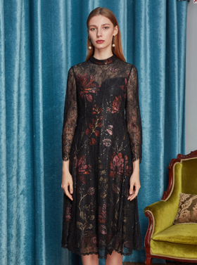 【LA829】瑟俪（斯尔丽高端）高领浪漫蕾丝连衣裙