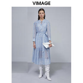 VIMAGE纬漫纪女装春夏季系带雪纺高腰显瘦气质连衣裙长款薄V1507149