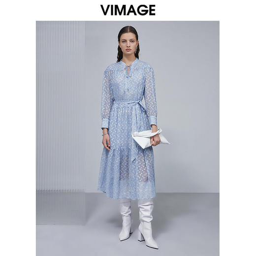 VIMAGE纬漫纪女装春夏季系带雪纺高腰显瘦气质连衣裙长款薄V1507149 商品图0