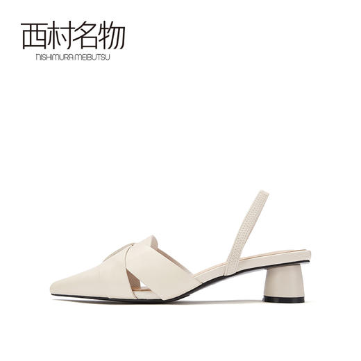 西村名物2021夏季新款真皮家中跟凉鞋法式粗跟尖头后空单鞋16461 商品图2