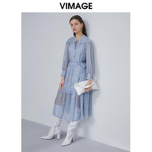 VIMAGE纬漫纪女装春夏季系带雪纺高腰显瘦气质连衣裙长款薄V1507149 商品图2