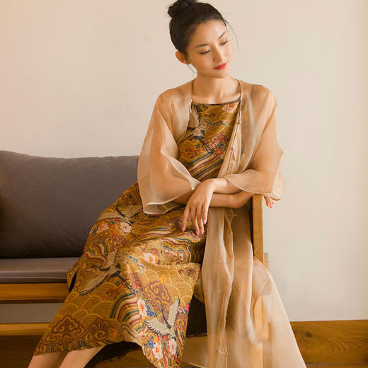 中式性感香云纱桑蚕丝印花背心吊带修身连衣裙R20856 商品图1