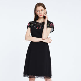 PF83A斯尔丽瑟俪夏季新款高贵优雅蕾丝珠片时尚绣花A摆小黑裙礼裙