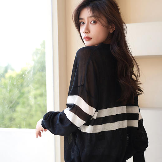 条纹冰丝针织开衫女夏季新款外搭薄款披肩上衣亚麻防晒衣空调外套 商品图1