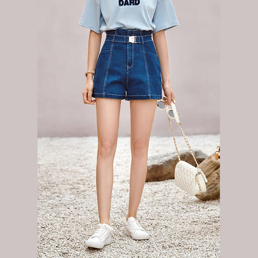 欧芮儿牛仔短裤女2021年新款腰带收腰弹力宽松时尚阔腿直筒裤 商品图1