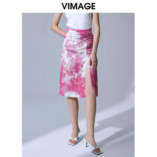 VIMAGE纬漫纪时尚复古油墨印花包臀开叉中长款半身裙女裙V1506121 商品图2