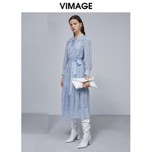 VIMAGE纬漫纪女装春夏季系带雪纺高腰显瘦气质连衣裙长款薄V1507149 商品图1